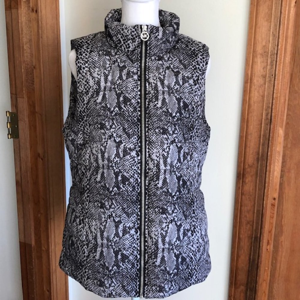 MICHAEL KORS Puffer Vest Black Gray White Snakeskin Print Medium - Picture 3 of 17